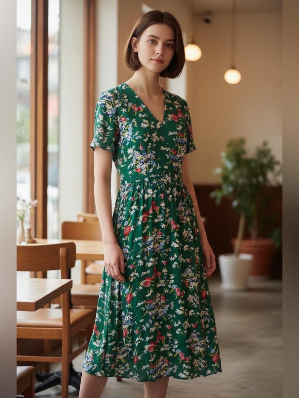 Loft Green Dress Short Flutter Sleeve Smock Waist Viscose Garden Floral 10